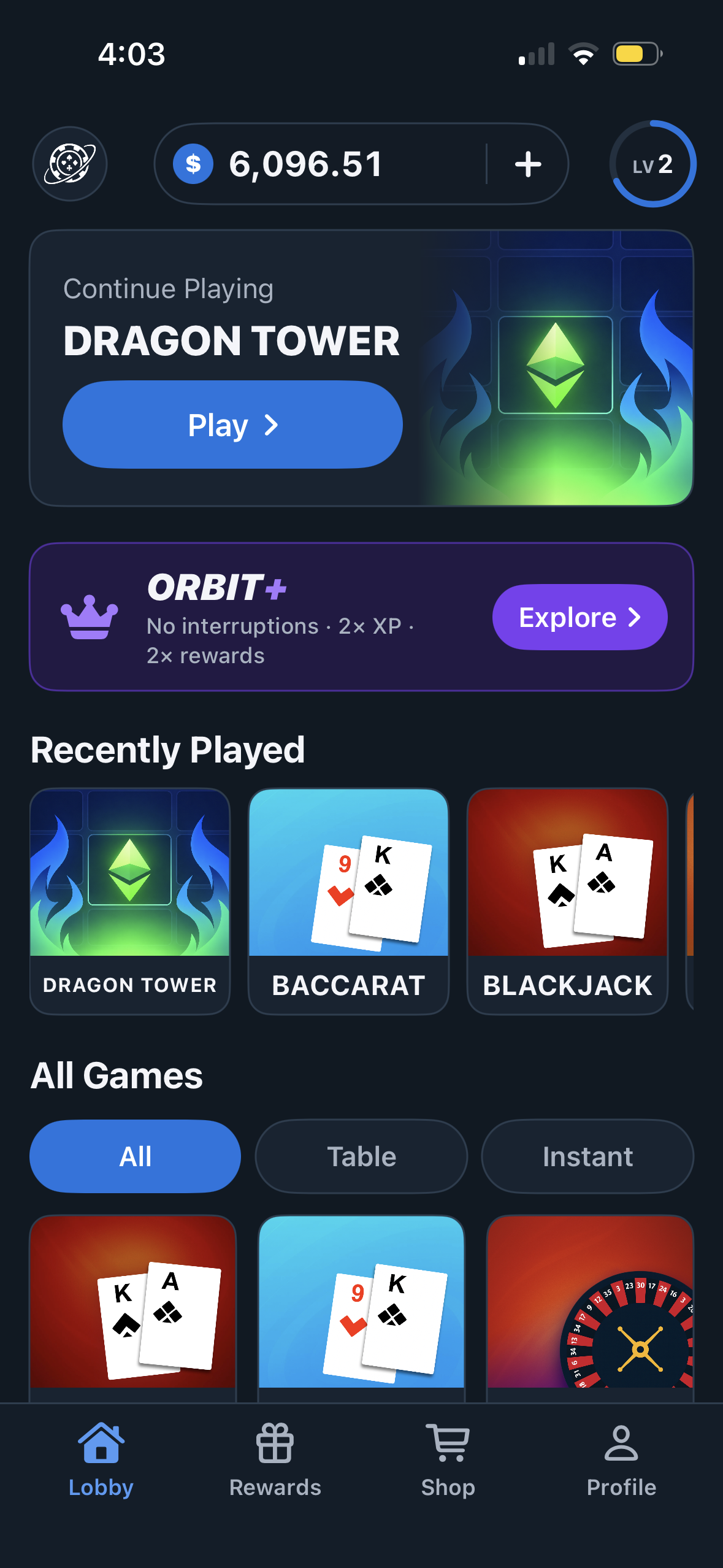 Orbit Casino app lobby